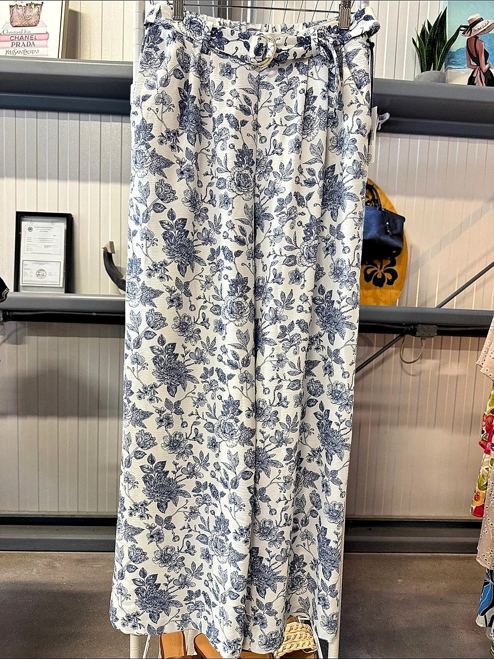 Floral Wide Leg Pants in White & Blue